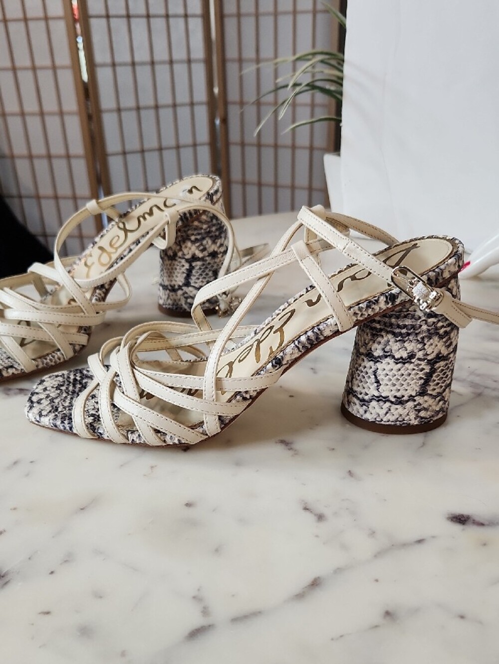 Sam Edelman Cream Strappy Heels with Snake-Print Accents Sz 8.5